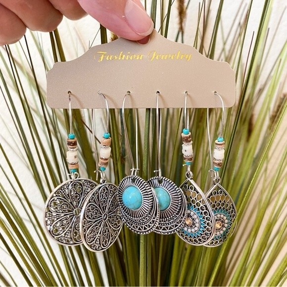 Boho Chic Antique Silver Turquoise Drop Dangle Earrings - Picture 1 of 8